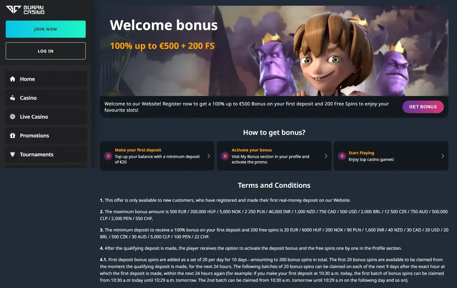 Current BuranCasino welcome promotion showing the AUD cap and minimum deposit
