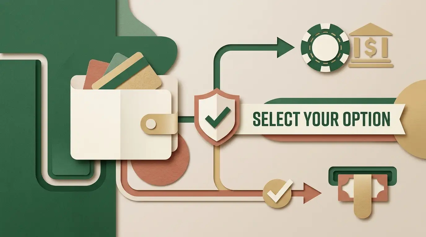 Abstract wallet, bank card and verification symbols illustrating payment decisions